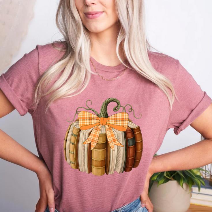 Fall Book Pumpkin Halloween Teacher Librarian Thanksgiving Women's Heather T-Shirt
