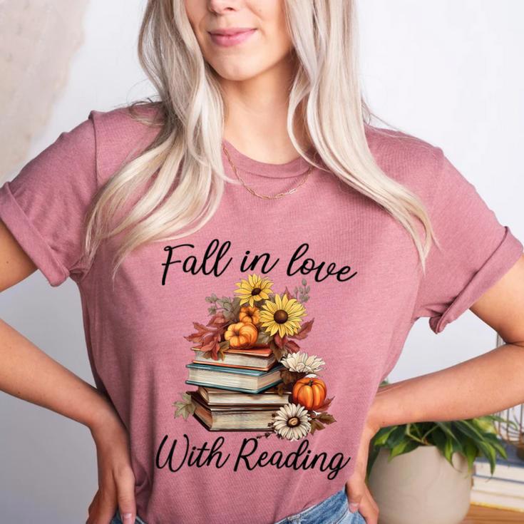 Fall In Love With Reading Book Autumn Teachers Pumpkins Women's Heather T-Shirt