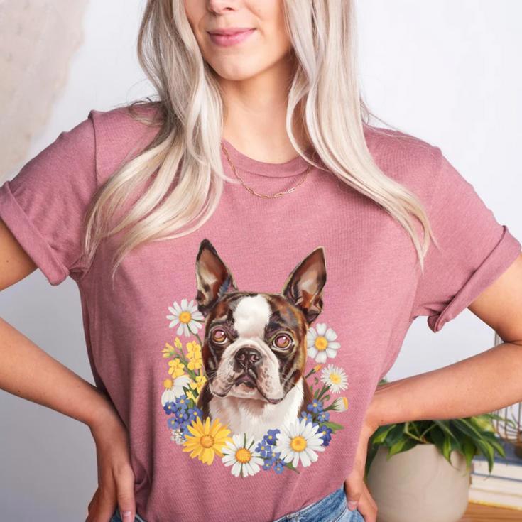 Floral Boston Terrier Women's Heather T-Shirt