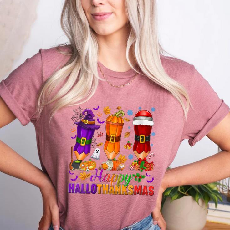 Happy Hallothanksmas Halloween Thanksgiving Pencils Teachers Women's Heather T-Shirt