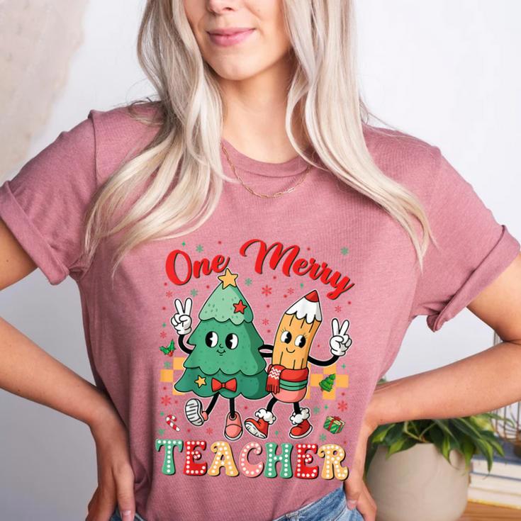 One Merry Teacher Groovy Christmas Tree Pjs Xmas Teacher Women's Heather T-Shirt