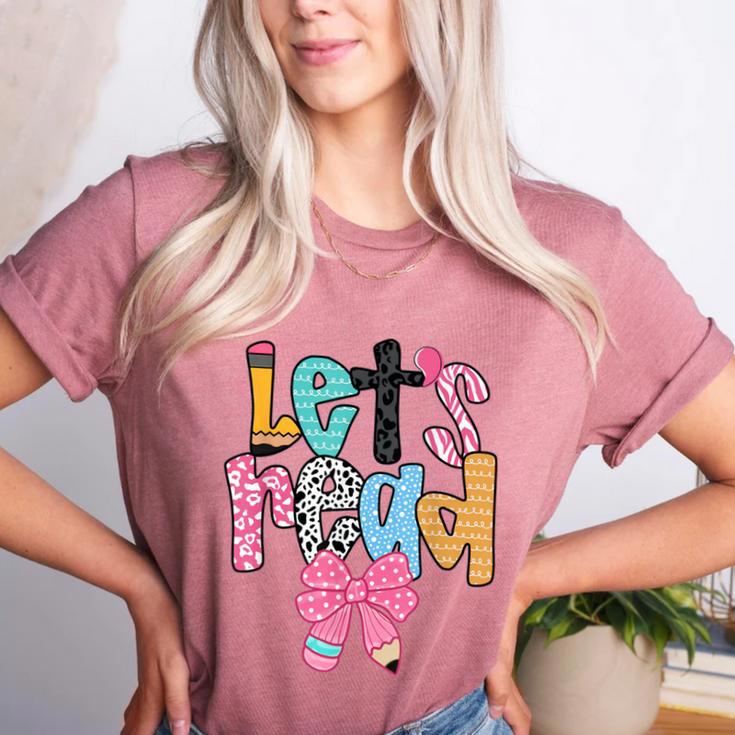 Lets Read Reading Teacher Back To School Literacy Pencil Bow Women's Heather T-Shirt
