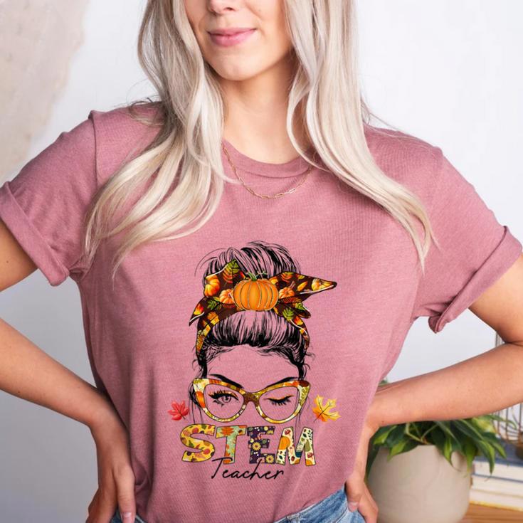 STEM Teacher Messy Bun Fall Vibes Autumn Thanksgiving Men Women Women's Heather T-Shirt