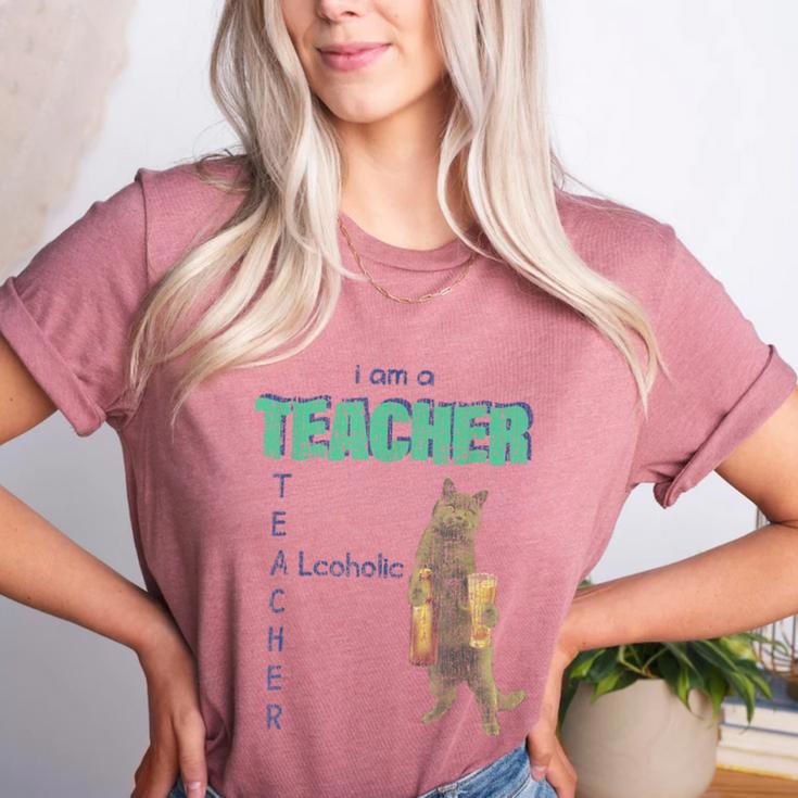 I Am A Teacher Alcoholic Cat Beer Feline Men Women Women's Heather T-Shirt