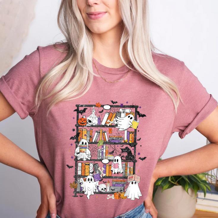 Teacher Library Ghost Reading Book Halloween Cat Women's Heather T-Shirt