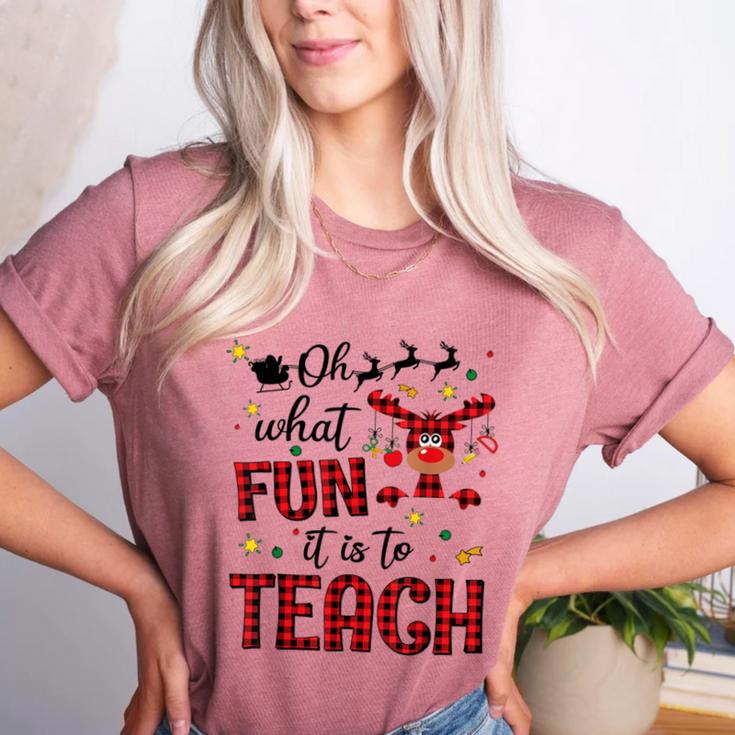Teachers Oh What Fun It Is To Teach Cute Red Plaid Reindeer Women's Heather T-Shirt