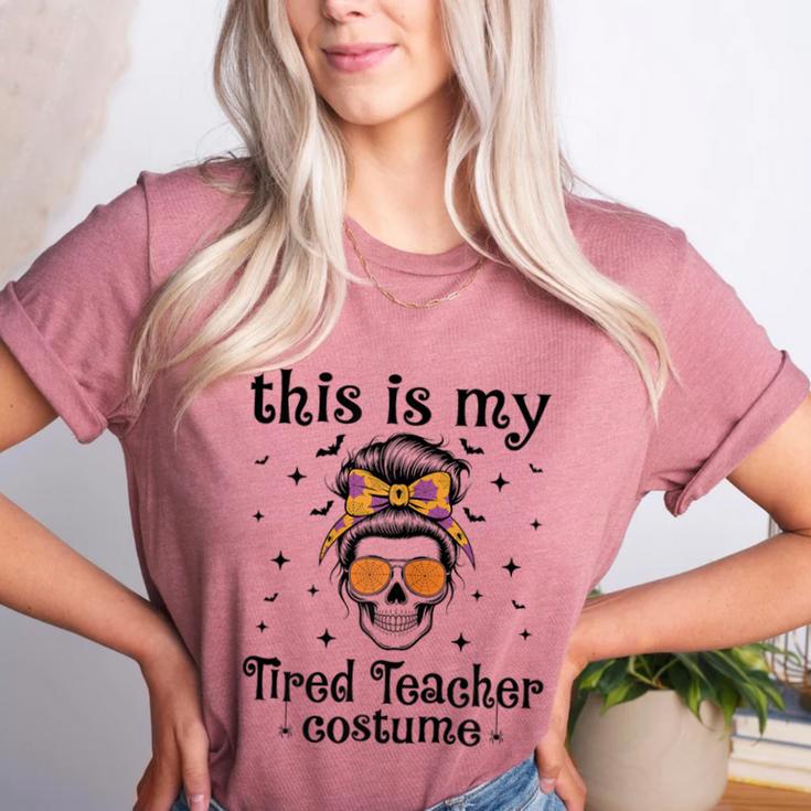 This Is My Tired Teacher Costume Skull Halloween Messy Bun Women's Heather T-Shirt