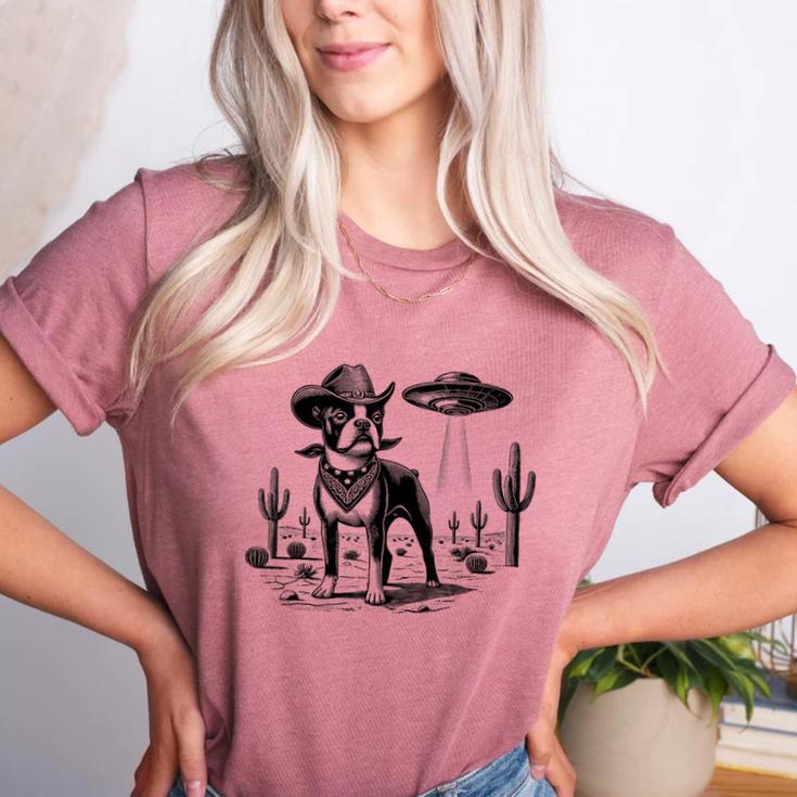 Vintage Boston Terrier UFO Western Wild West Dog Mom Dad Women's Heather T-Shirt