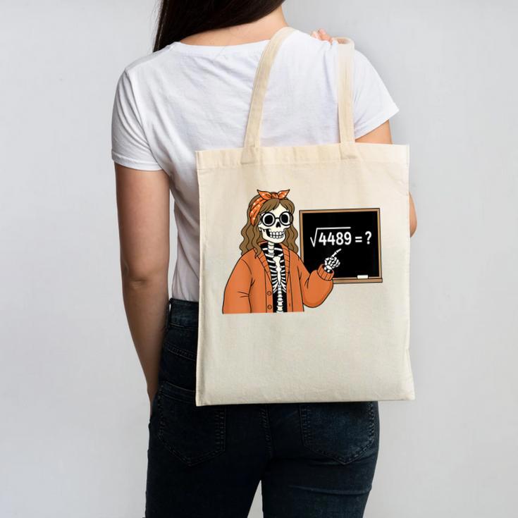 67 Math Teacher Skeleton Halloween Root 4489 Messy Bun Women Canvas Tote Bag