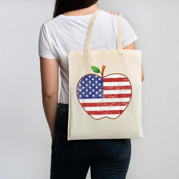 American Flag Teachers Students Apple 4th Of July Vintage Canvas Tote Bag