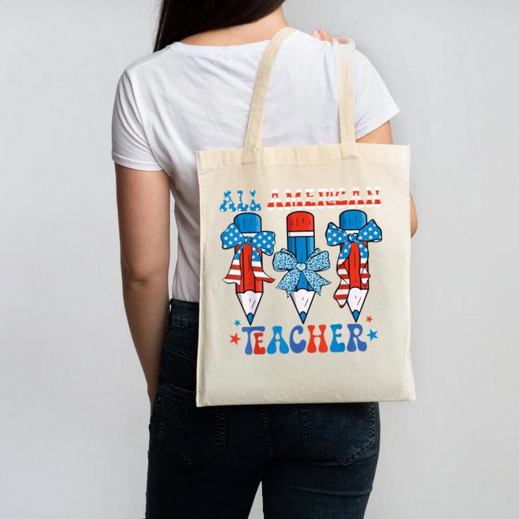 All American Teacher Pencil Coquette Bow USA Flag Teachers Canvas Tote Bag