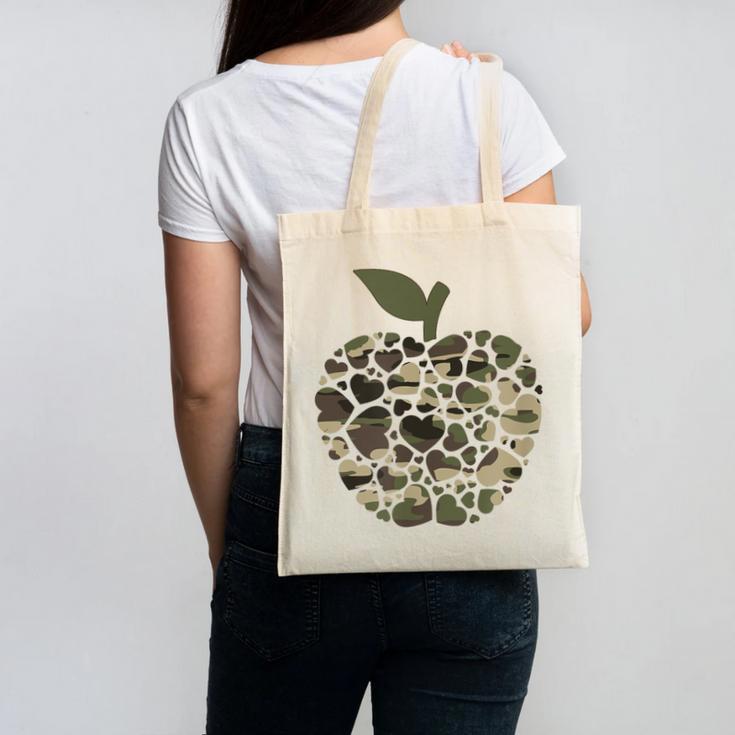 Apple Hearts Teacher Camouflage Clothing School Camo Apple For Men Women Girls Kids Canvas Tote Bag