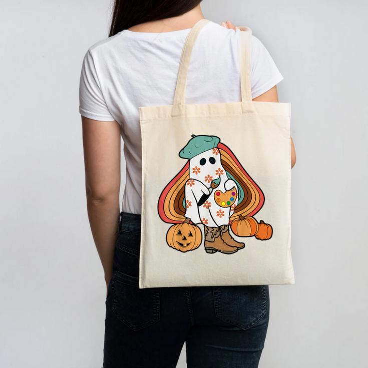 Art Teacher Painting Brushes Retro Pumpkin Ghost Artist Canvas Tote Bag
