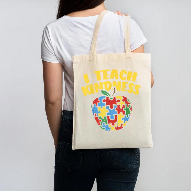 Autism Teacher Shirt I Teach Kindness Apple Puzzle Awareness Canvas Tote Bag