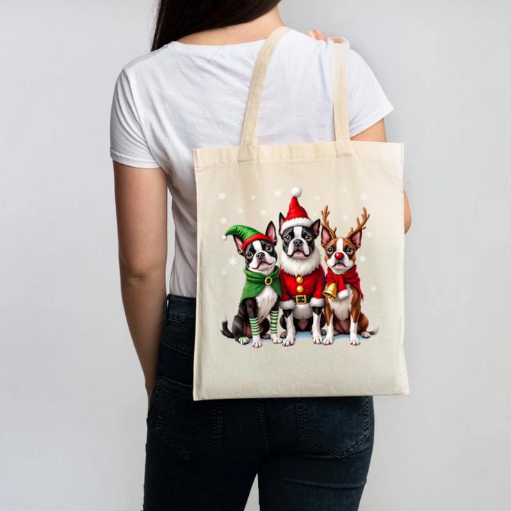 Boston Terrier Christmas Dogs Santa Reindeer Elf Canvas Tote Bag