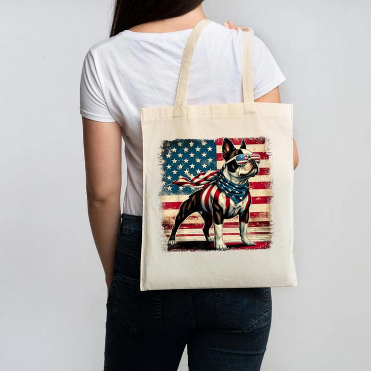 Boston Terrier Dog 4th Of July USA American Flag Patriotic Canvas Tote Bag