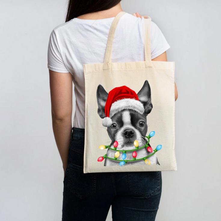 Boston Terrier Dog Santa Christmas Tree Lights Xmas Canvas Tote Bag