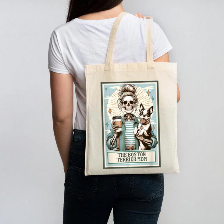 The Boston Terrier Mom Skeleton Spooky Season Halloween Canvas Tote Bag