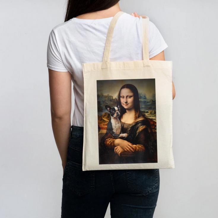 Boston Terrier Mona Lisa Painting Art Dog Mom Dad For Men Women Kids Canvas Tote Bag