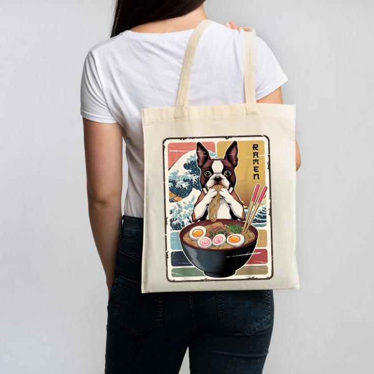 Boston Terrier Ramen Noodles Japanese Art Retro Ocean Waves Canvas Tote Bag