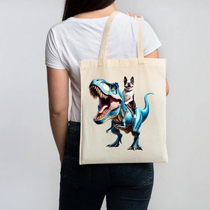 Boston Terrier Riding T-Rex Dinosaur Dog Lover Canvas Tote Bag