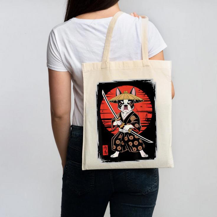 Boston Terrier Samurai Ninja Vintage Anime Japanese Ukiyo-e Canvas Tote Bag