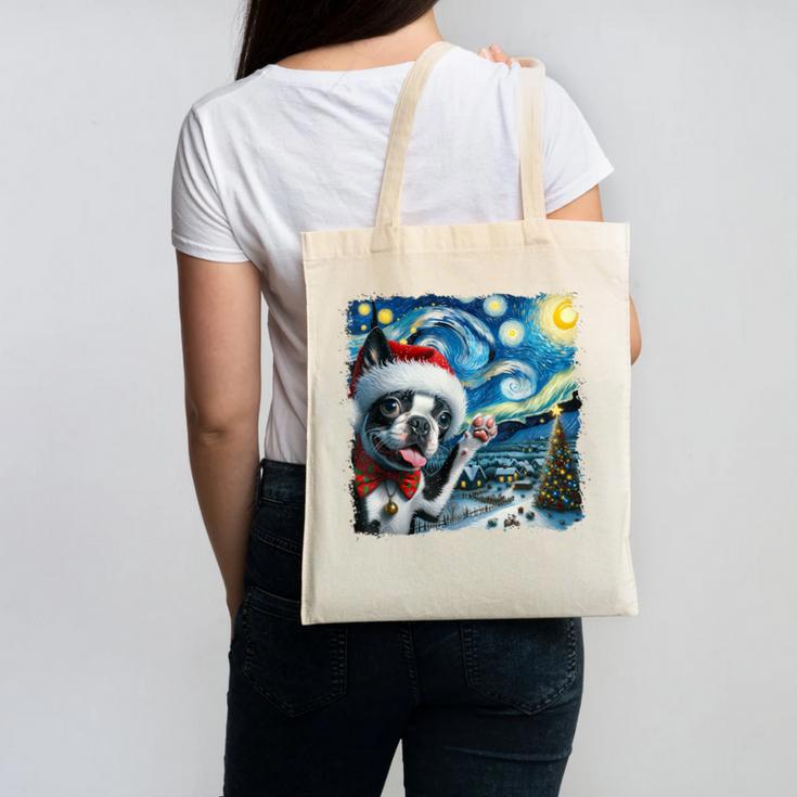 Boston Terrier Santa Starry Night Van Gogh Christmas Dog Men Women Kids Canvas Tote Bag