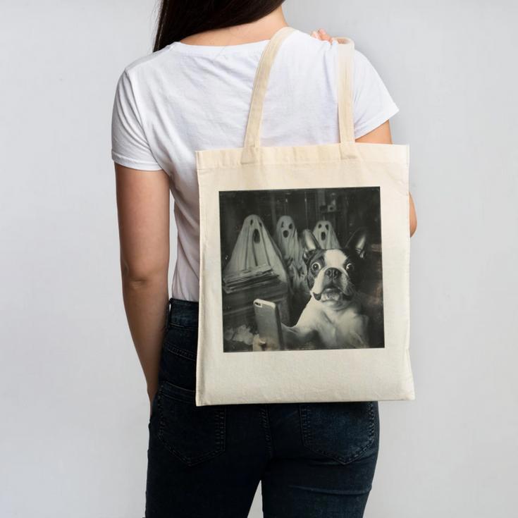 Boston Terrier Selfie With Ghosts Halloween Dog Lover Canvas Tote Bag