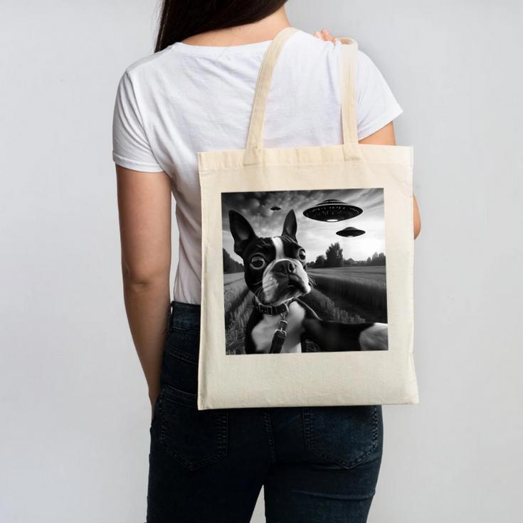 Boston Terrier Graphic Selfie With UFOs Weird Aliens Canvas Tote Bag