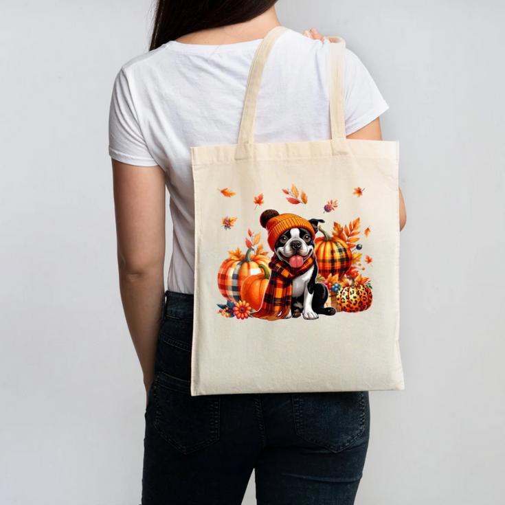 Boston Terrier Thanksgiving Leopard Pumpkins Fall Leaves Canvas Tote Bag