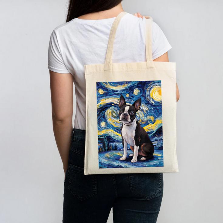 Boston Terrier Van Gogh Starry Night Canvas Tote Bag