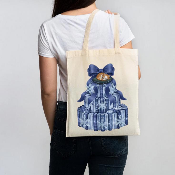 Coquette Bow Book Tree Merry Christmas Xmas Teacher Holiday Canvas Tote Bag