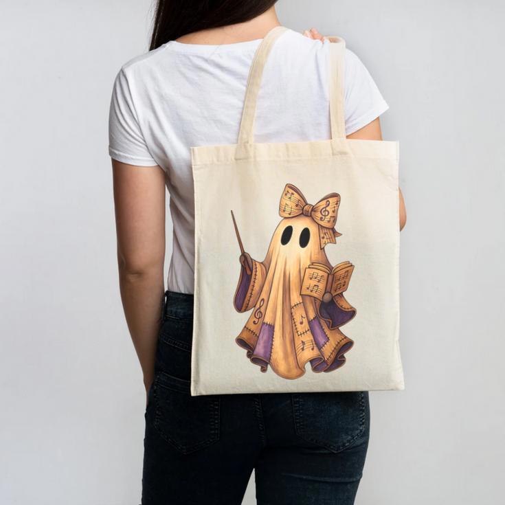 Coquette Music Note Patchwork Ghost Music Teacher Halloween Canvas Tote Bag