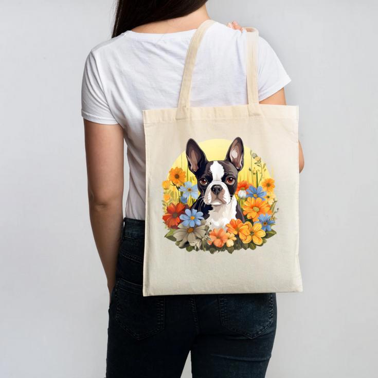 Cute Boston Terrier Spring Flower Garden Colorful Puppy Dog Canvas Tote Bag