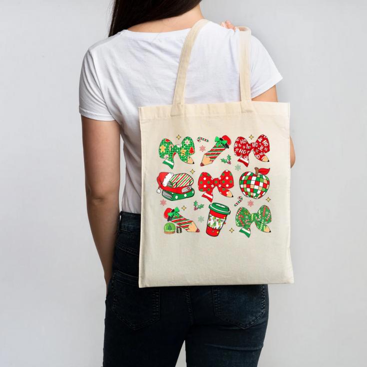 Cute Coquette Pencil Bow Christmas School Teacher Student Canvas Tote Bag