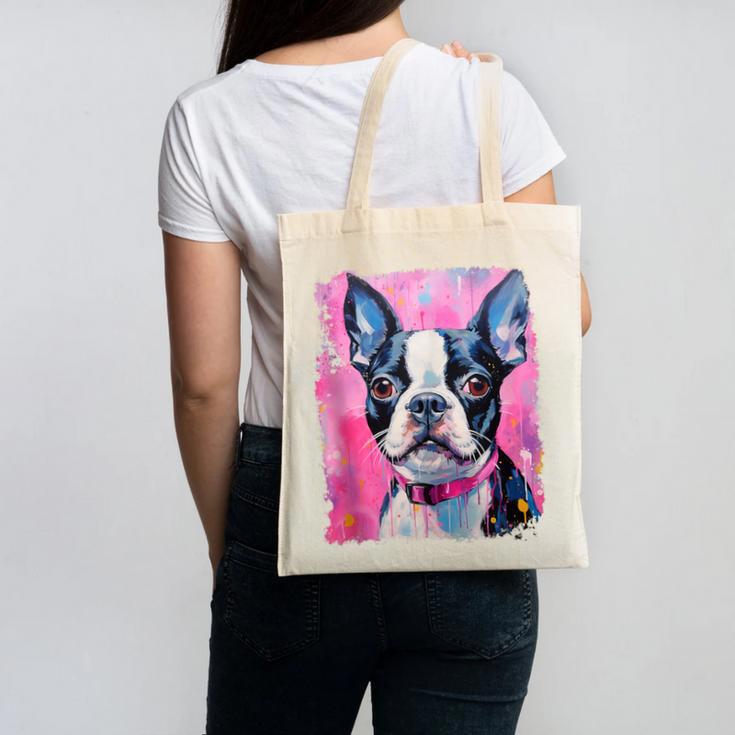 Dog Pink Boston Terrier Canvas Tote Bag