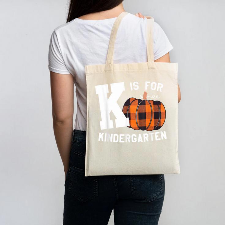 Fall Kindergarten Teacher K Is For Buffalo Plaid Pumpkin Canvas Tote Bag