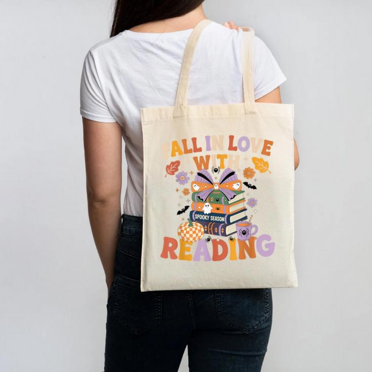 Fall In Love With Reading Halloween Stack Of Book Teacher Canvas Tote Bag