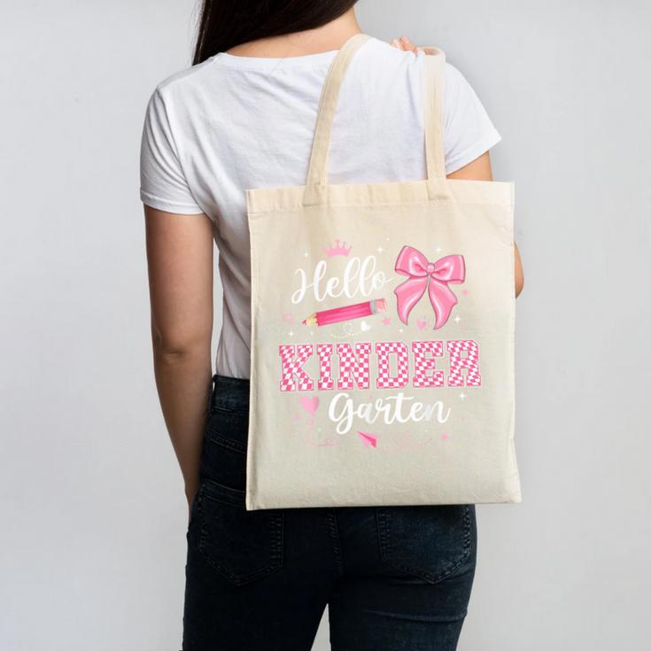 First Day Of School Teacher Girl Coquette Hello Kindergarten Canvas Tote Bag
