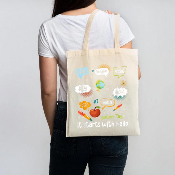 Friendship Inclusion Language Teacher It Starts With Hello Canvas Tote Bag