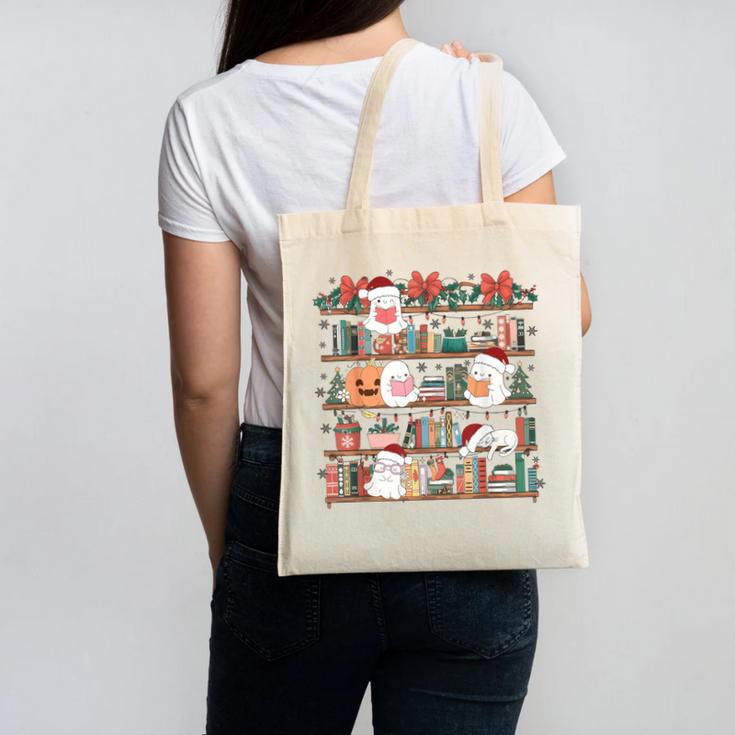 Ghost Christmas Reading Book Lover Library Christmas Teacher Canvas Tote Bag