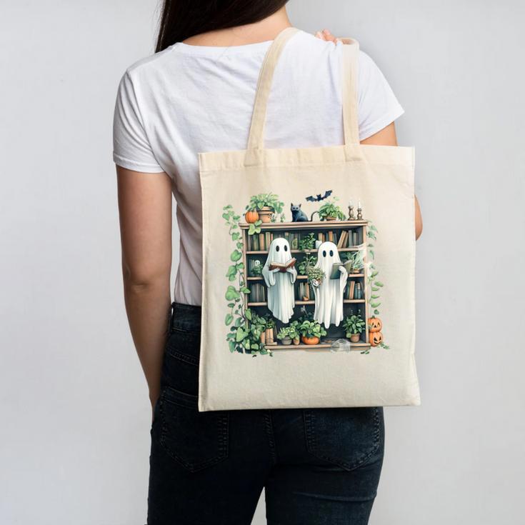 Ghost Plant Library Halloween Reading Books Teacher Vintage Canvas Tote Bag