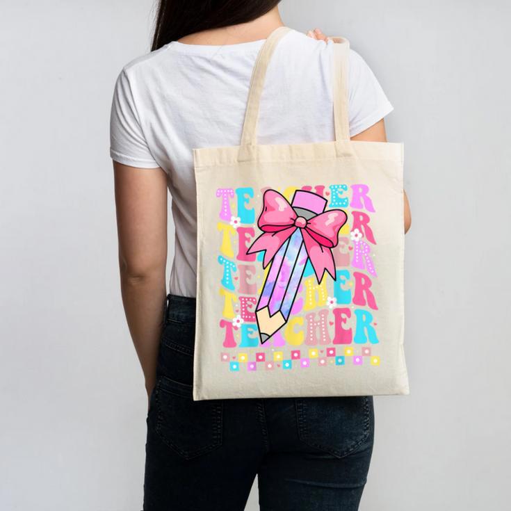 Groovy Teacher Cute Coquette Bow Flower Retro Back To School Canvas Tote Bag