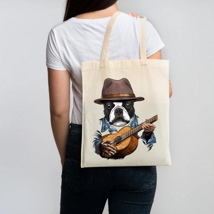 Guitar Shirt Boston Terrier Dog Playing Acoustic Guitar Canvas Tote Bag
