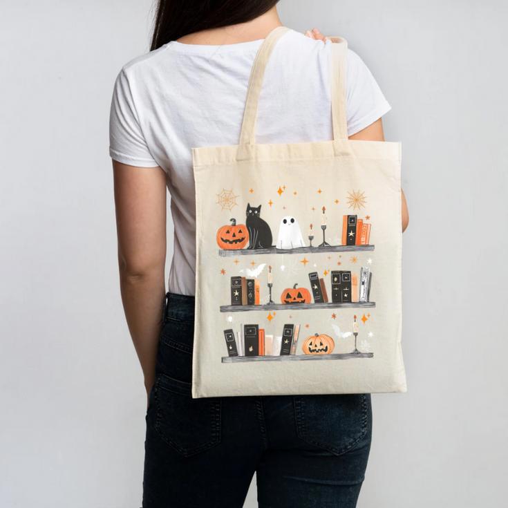 Halloween Library Ghost Books Teacher Spooky Trick Or Teach Canvas Tote Bag