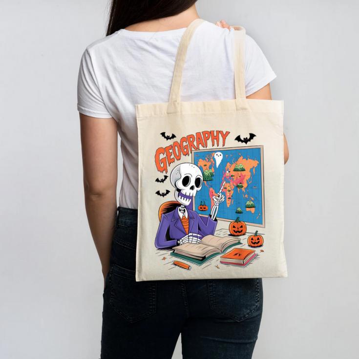 Halloween Skeleton Geography Teacher Pumpkin Bats Classroom Canvas Tote Bag