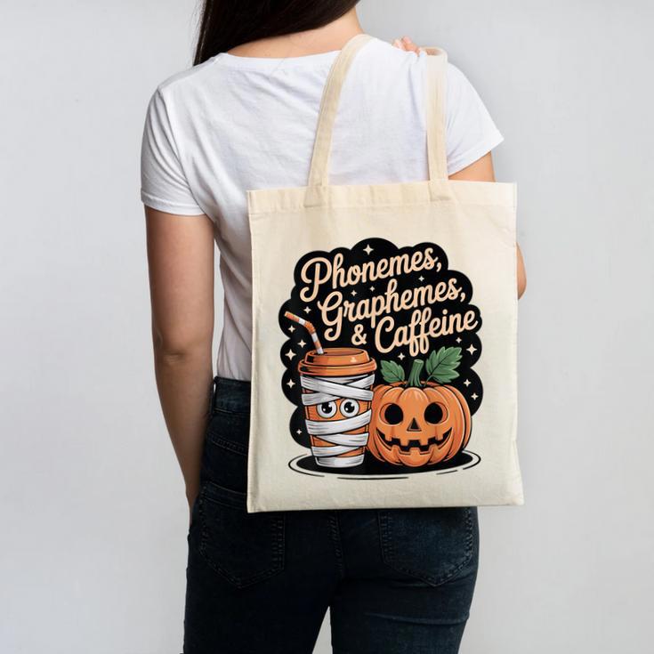 Halloween Teacher Phonemes Graphemes Caffeine Coffee Lover Canvas Tote Bag