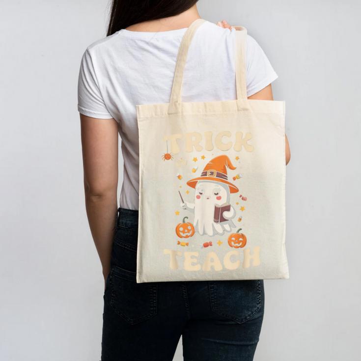Halloween Teacher Shirts Women School Trick Or Teach Groovy Canvas Tote Bag