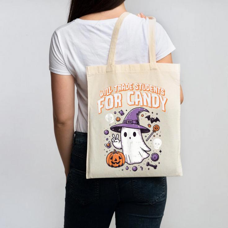Halloween Teacher Trade Students For Candy Costume Women Canvas Tote Bag