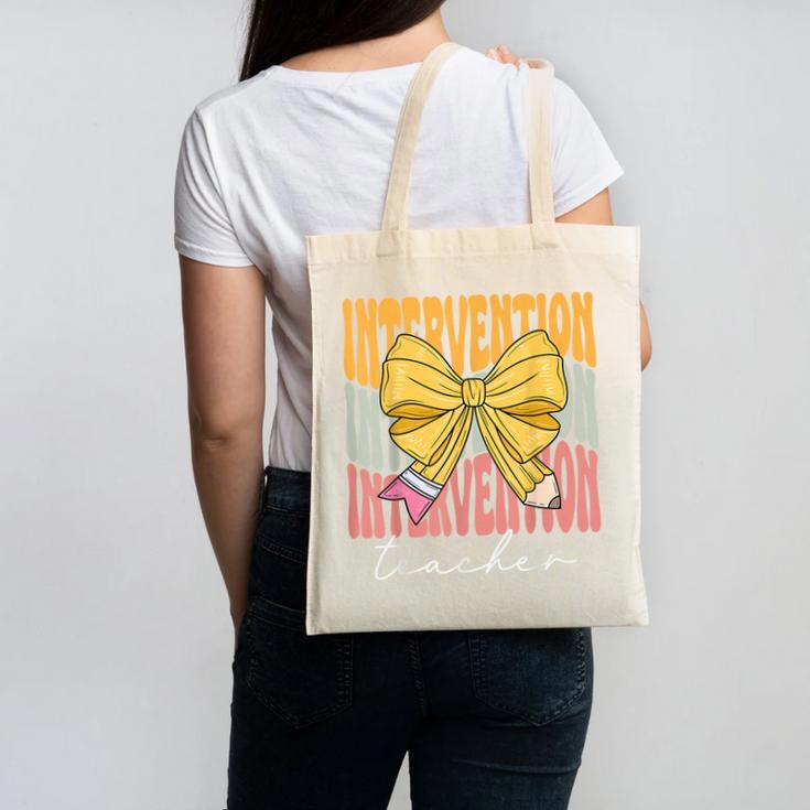 Interventionist Teacher Groovy Coquette Bow Back To School Canvas Tote Bag